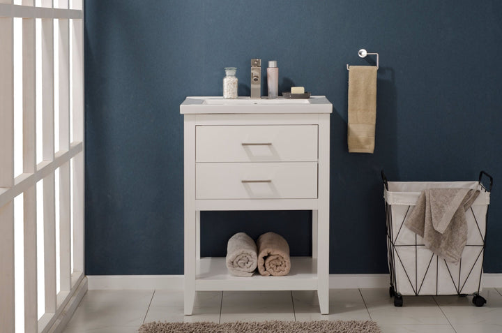 Cara 24" Single Sink Vanity with Porcelain Top - Design Element Bath Kitchen - Bathroom Vanity - White with Silver Satin Hardware