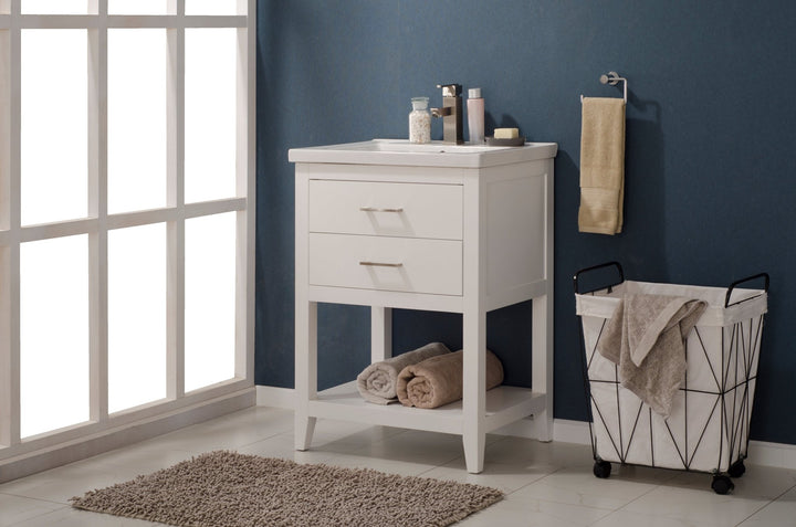 Cara 24" Single Sink Vanity with Porcelain Top - Design Element Bath Kitchen - Bathroom Vanity - White with Silver Satin Hardware