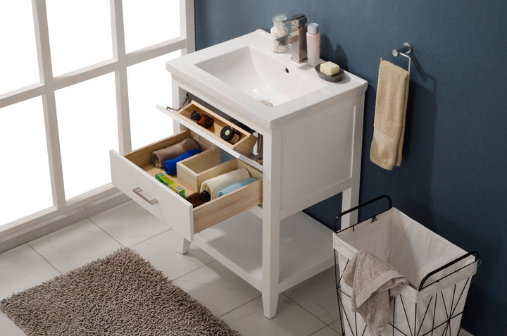 Cara 24" Single Sink Vanity with Porcelain Top - Design Element Bath Kitchen - Bathroom Vanity - White with Silver Satin Hardware