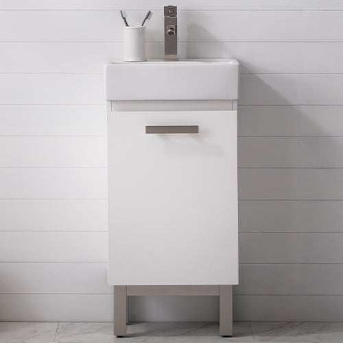 Stella 16.5" Single Sink Vanity with Porcelain Top - Design Element Bath Kitchen - Bathroom Vanity - Gray Oak with Silver Satin Hardware