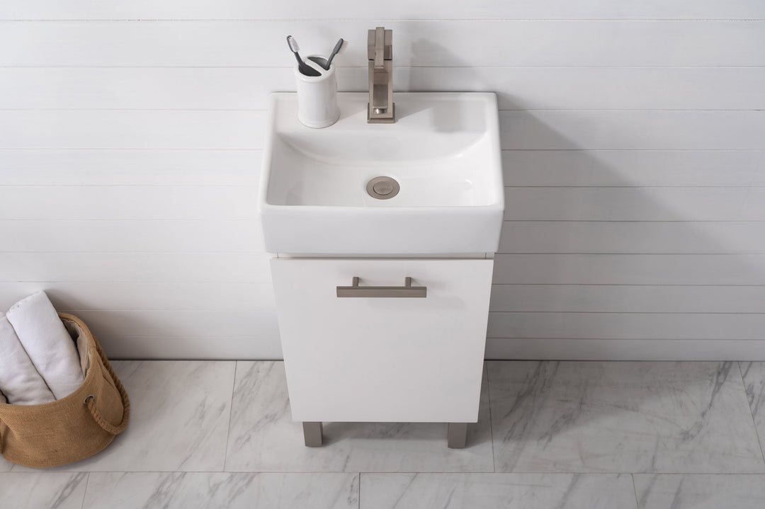 Stella 16.5" Single Sink Vanity with Porcelain Top - Design Element Bath Kitchen - Bathroom Vanity - Gray Oak with Silver Satin Hardware