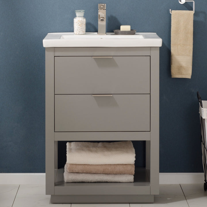 Klein 24" Single Sink Vanity with Porcelain Top - Design Element Bath Kitchen - Bathroom Vanity - White with Silver Satin Hardware