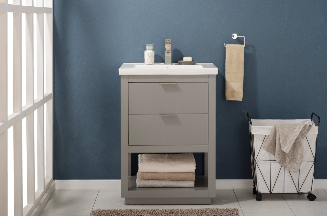 Klein 24" Single Sink Vanity with Porcelain Top - Design Element Bath Kitchen - Bathroom Vanity - White with Silver Satin Hardware