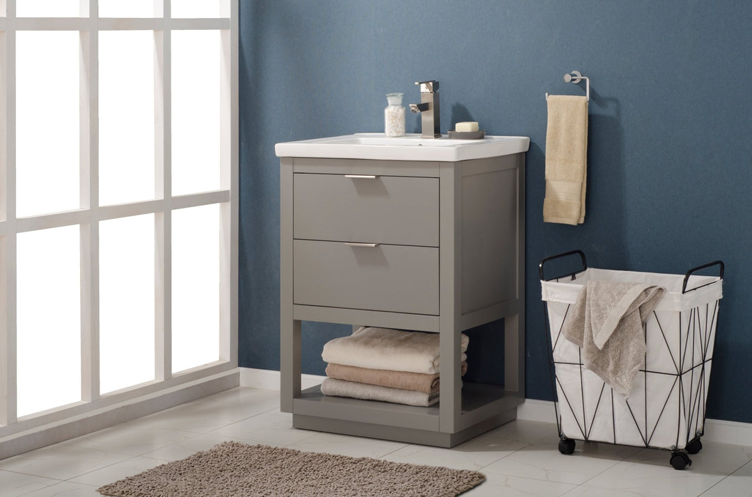 Klein 24" Single Sink Vanity with Porcelain Top - Design Element Bath Kitchen - Bathroom Vanity - White with Silver Satin Hardware