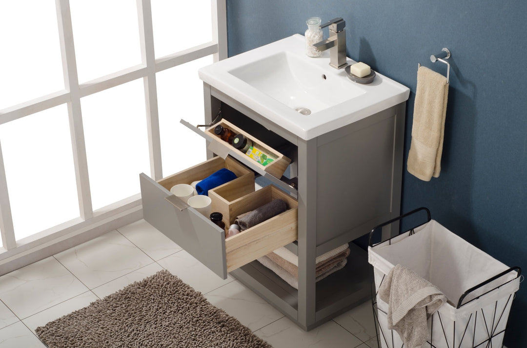 Klein 24" Single Sink Vanity with Porcelain Top - Design Element Bath Kitchen - Bathroom Vanity - White with Silver Satin Hardware