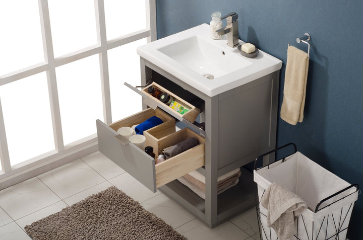 Klein 24" Single Sink Vanity with Porcelain Top - Design Element Bath Kitchen - Bathroom Vanity - White with Silver Satin Hardware