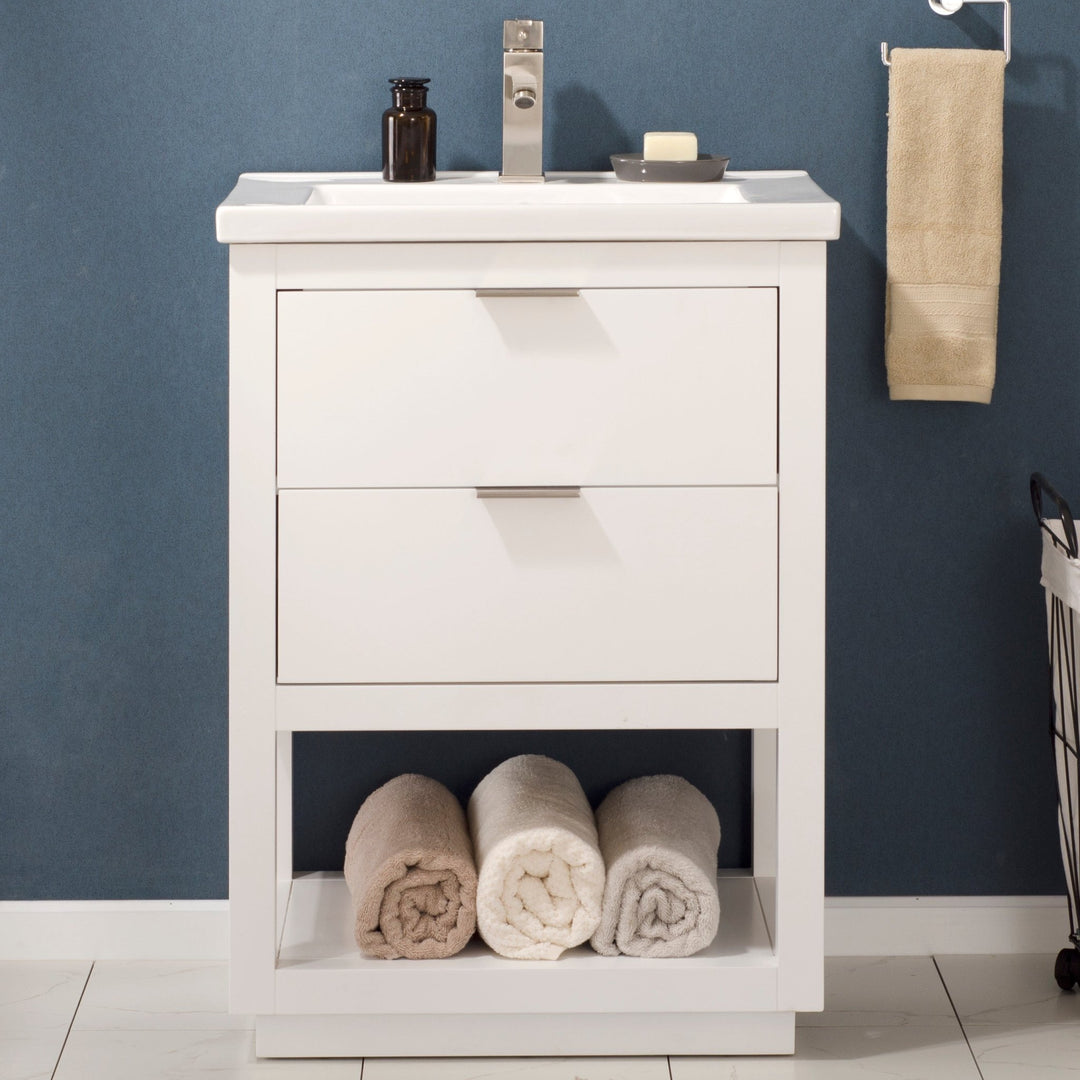 Klein 24" Single Sink Vanity with Porcelain Top - Design Element Bath Kitchen - Bathroom Vanity - White with Silver Satin Hardware
