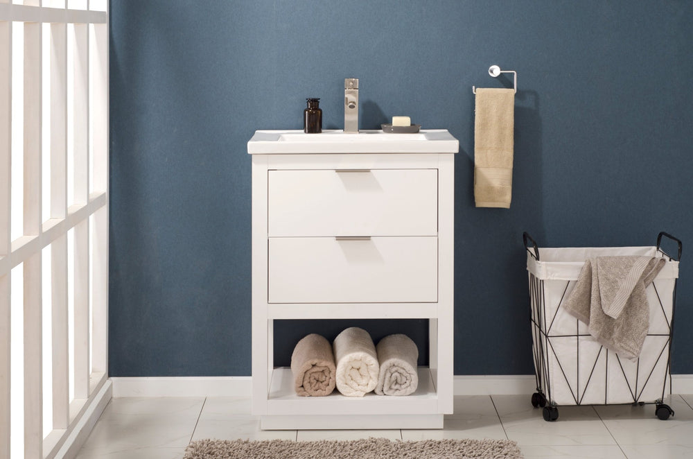 Klein 24" Single Sink Vanity with Porcelain Top - Design Element Bath Kitchen - Bathroom Vanity - White with Silver Satin Hardware