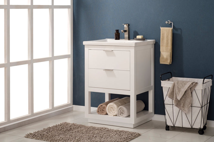 Klein 24" Single Sink Vanity with Porcelain Top - Design Element Bath Kitchen - Bathroom Vanity - White with Silver Satin Hardware