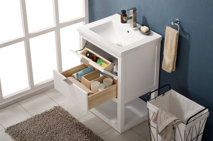 Klein 24" Single Sink Vanity with Porcelain Top - Design Element Bath Kitchen - Bathroom Vanity - White with Silver Satin Hardware