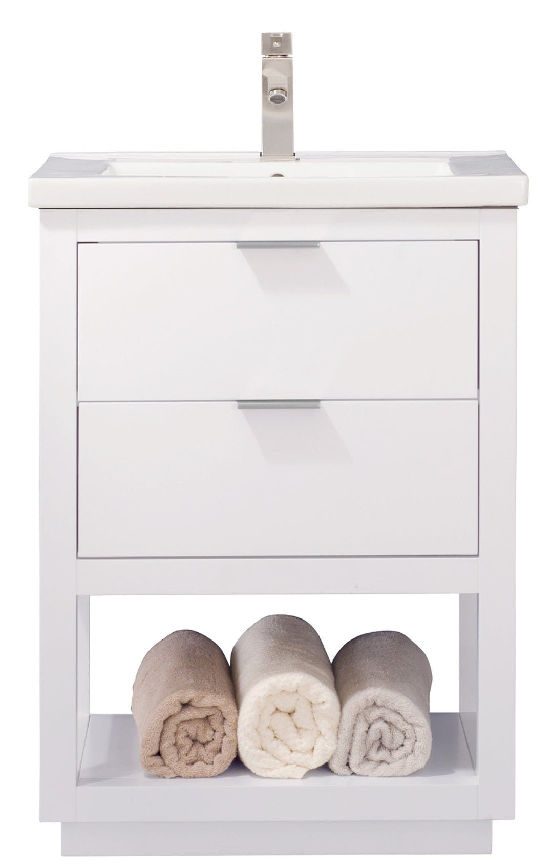 Klein 24" Single Sink Vanity with Porcelain Top - Design Element Bath Kitchen - Bathroom Vanity - White with Silver Satin Hardware