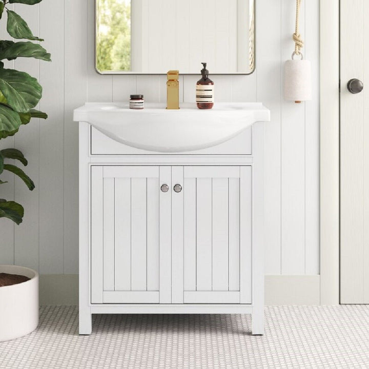Marian 30" Single Sink Vanity with Porcelain Top - Design Element Bath Kitchen - Bathroom Vanity - Navy with Satin Gold Hardware