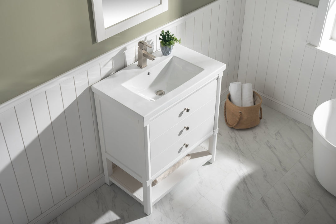 Logan 30" Single Sink Vanity with Porcelain Top - Design Element Bath Kitchen - Bathroom Vanity - Navy with Satin Gold Hardware