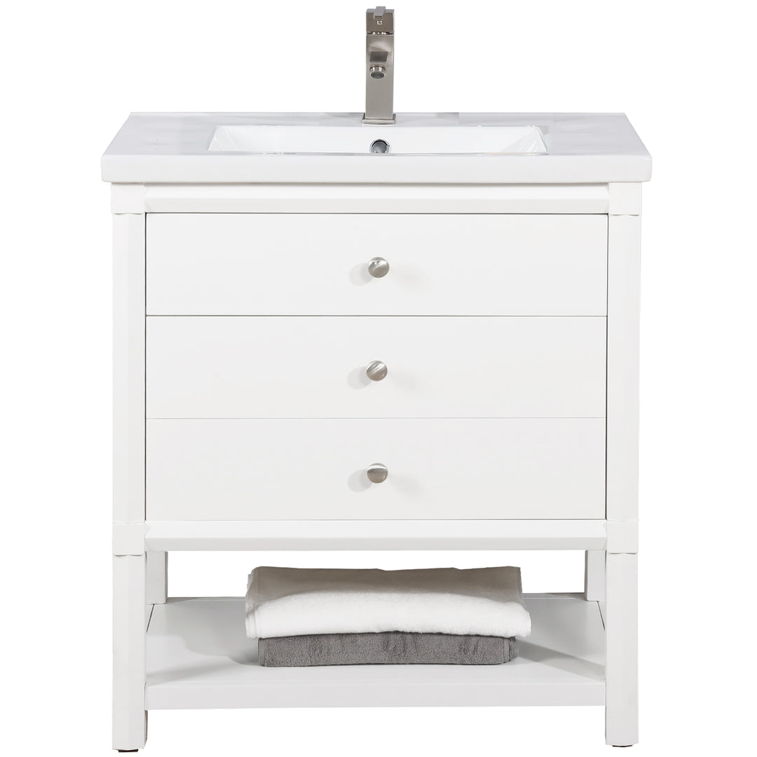 Logan 30" Single Sink Vanity with Porcelain Top - Design Element Bath Kitchen - Bathroom Vanity - Navy with Satin Gold Hardware
