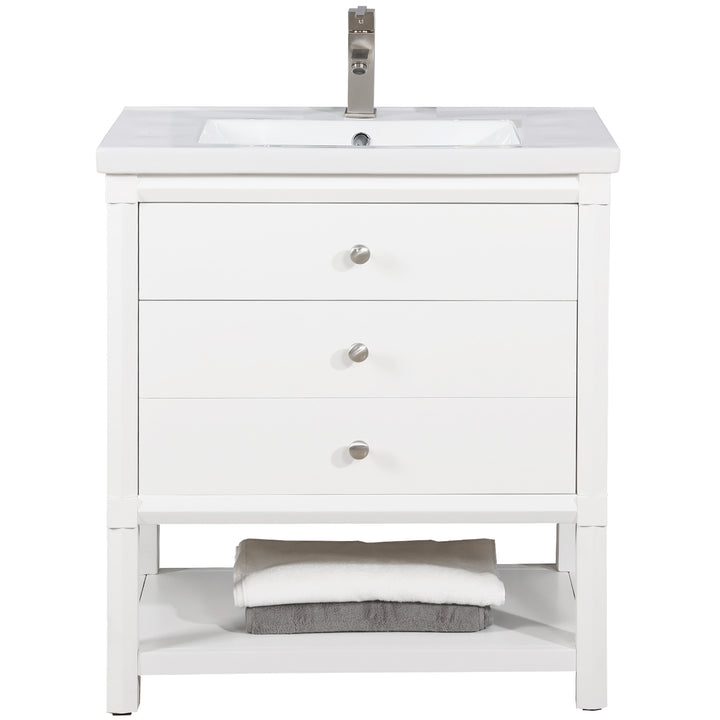 Logan 30" Single Sink Vanity with Porcelain Top - Design Element Bath Kitchen - Bathroom Vanity - Navy with Satin Gold Hardware
