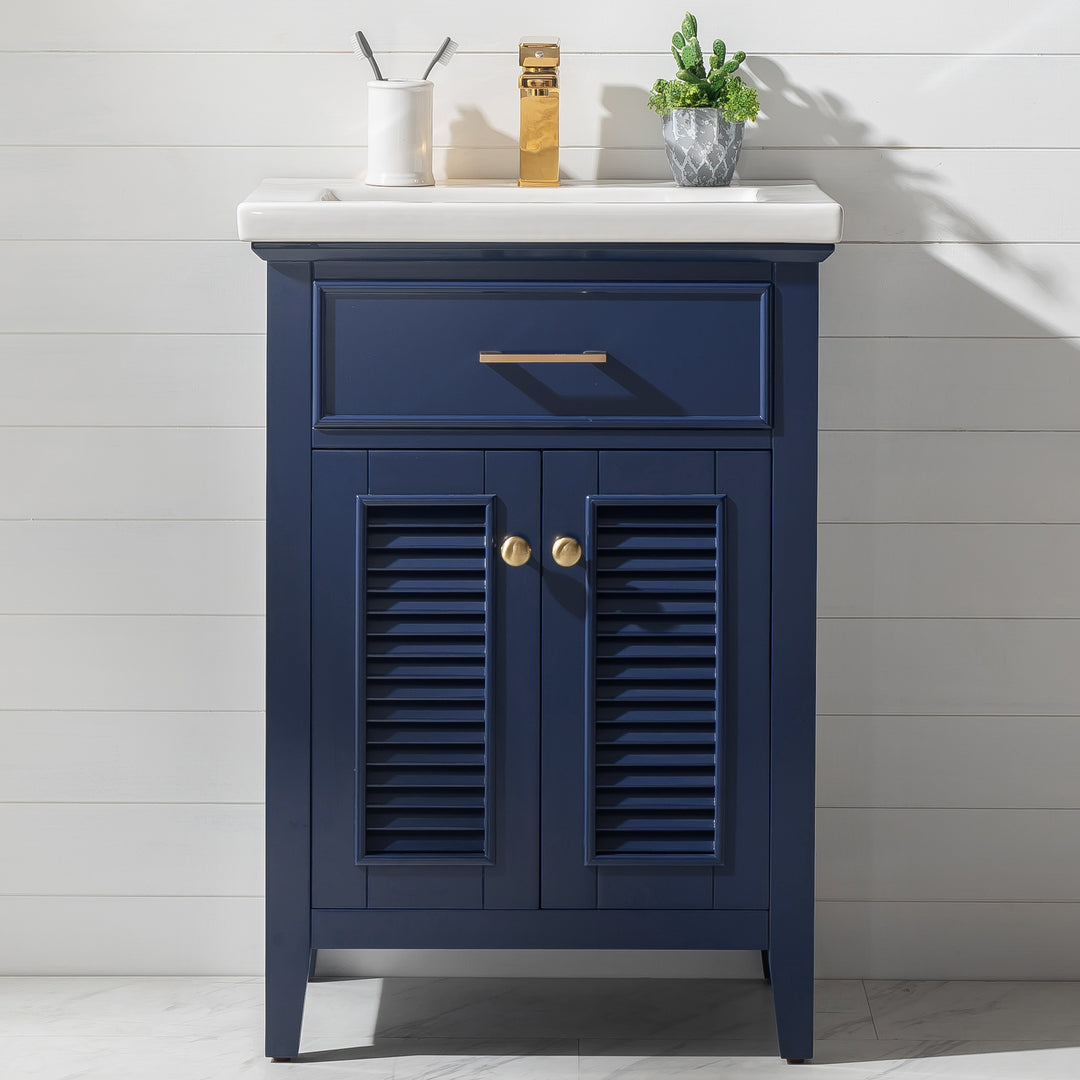 Cameron 24" Single Sink Vanity with Porcelain Top - Design Element Bath Kitchen - Bathroom Vanity - Navy with Satin Gold Hardware