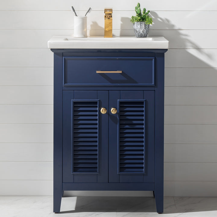 Cameron 24" Single Sink Vanity with Porcelain Top - Design Element Bath Kitchen - Bathroom Vanity - Navy with Satin Gold Hardware