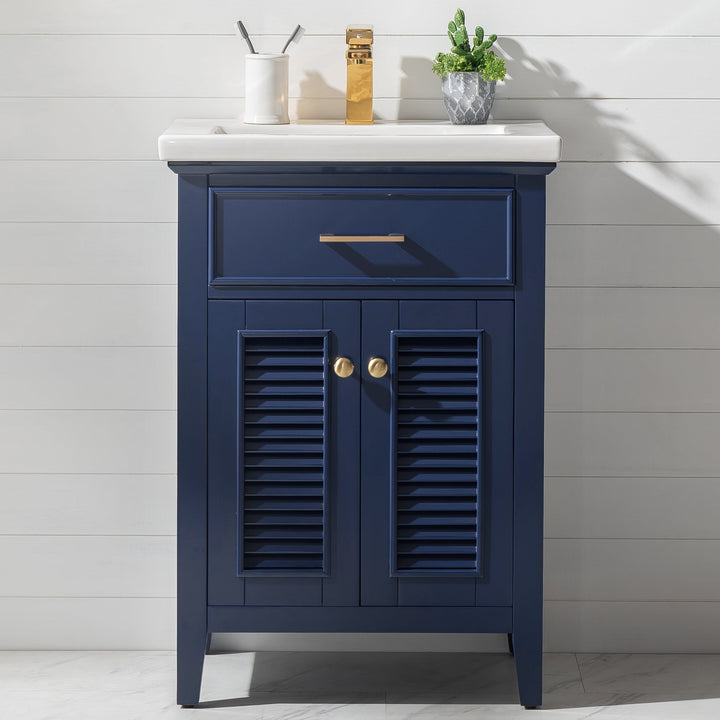 Cameron 24" Single Sink Vanity with Porcelain Top - Design Element Bath Kitchen - Bathroom Vanity - Navy with Satin Gold Hardware
