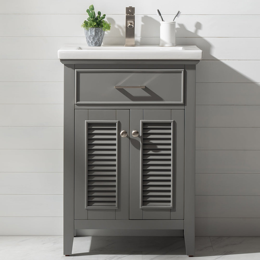 Cameron 24" Single Sink Vanity with Porcelain Top - Design Element Bath Kitchen - Bathroom Vanity - Gray with Silver Satin Hardware