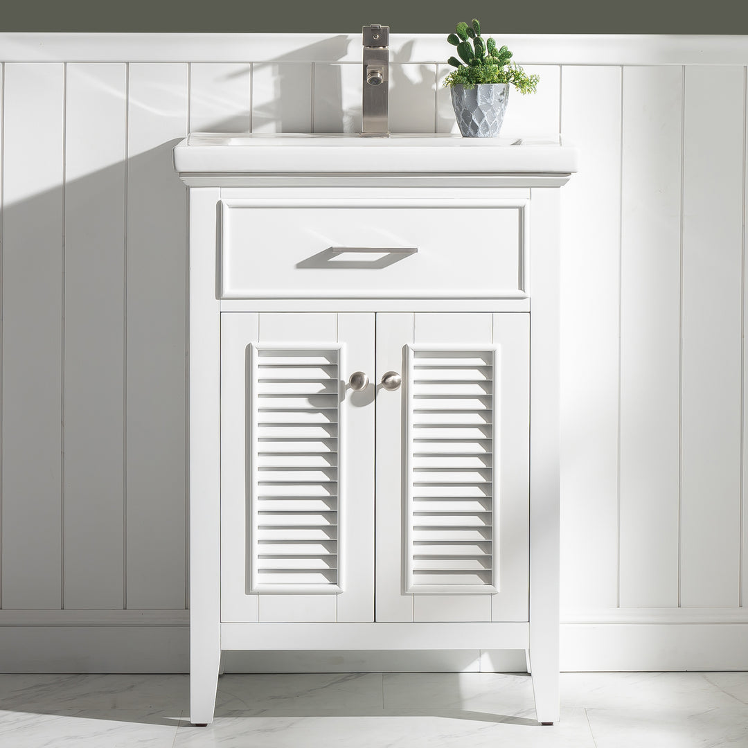 Cameron 24" Single Sink Vanity with Porcelain Top - Design Element Bath Kitchen - Bathroom Vanity - Navy with Satin Gold Hardware