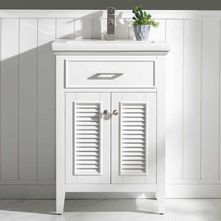 Cameron 24" Single Sink Vanity with Porcelain Top - Design Element Bath Kitchen - Bathroom Vanity - White with Silver Satin Hardware