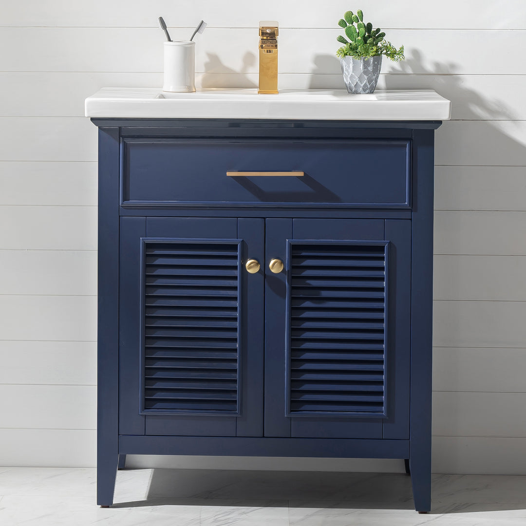 Cameron 30" Single Sink Vanity with Porcelain Top - Design Element Bath Kitchen - Bathroom Vanity - Navy with Satin Gold Hardware