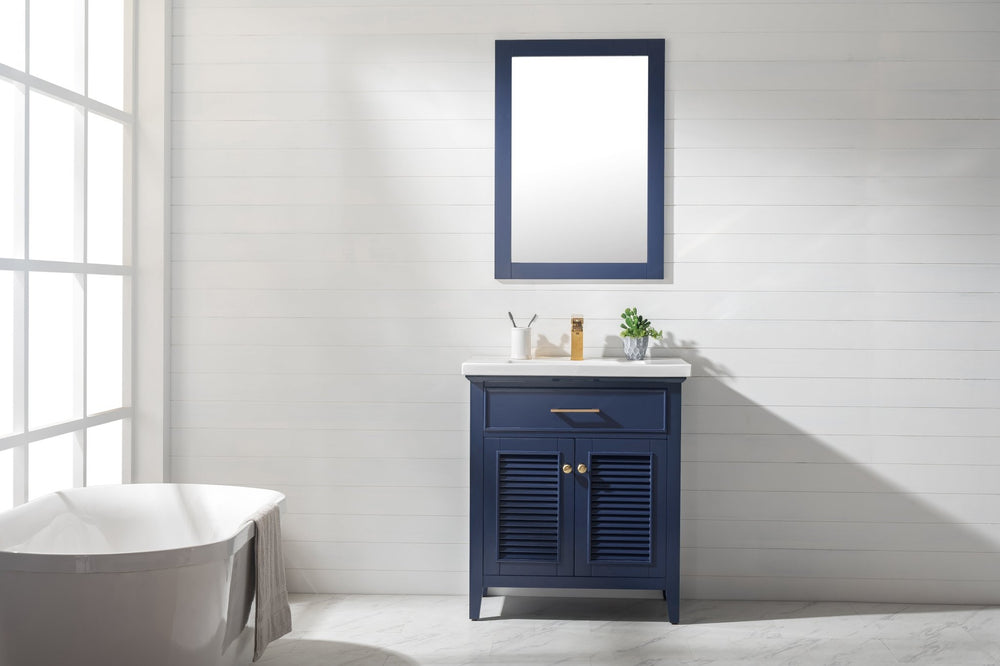 Cameron 30" Single Sink Vanity with Porcelain Top - Design Element Bath Kitchen - Bathroom Vanity - Navy with Satin Gold Hardware
