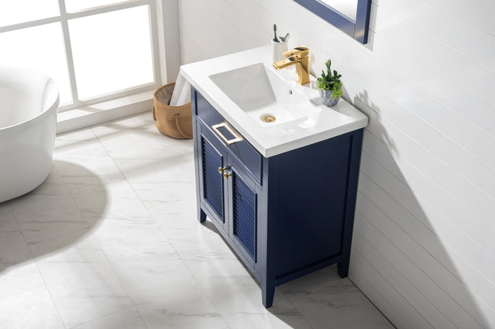 Cameron 30" Single Sink Vanity with Porcelain Top - Design Element Bath Kitchen - Bathroom Vanity - Navy with Satin Gold Hardware