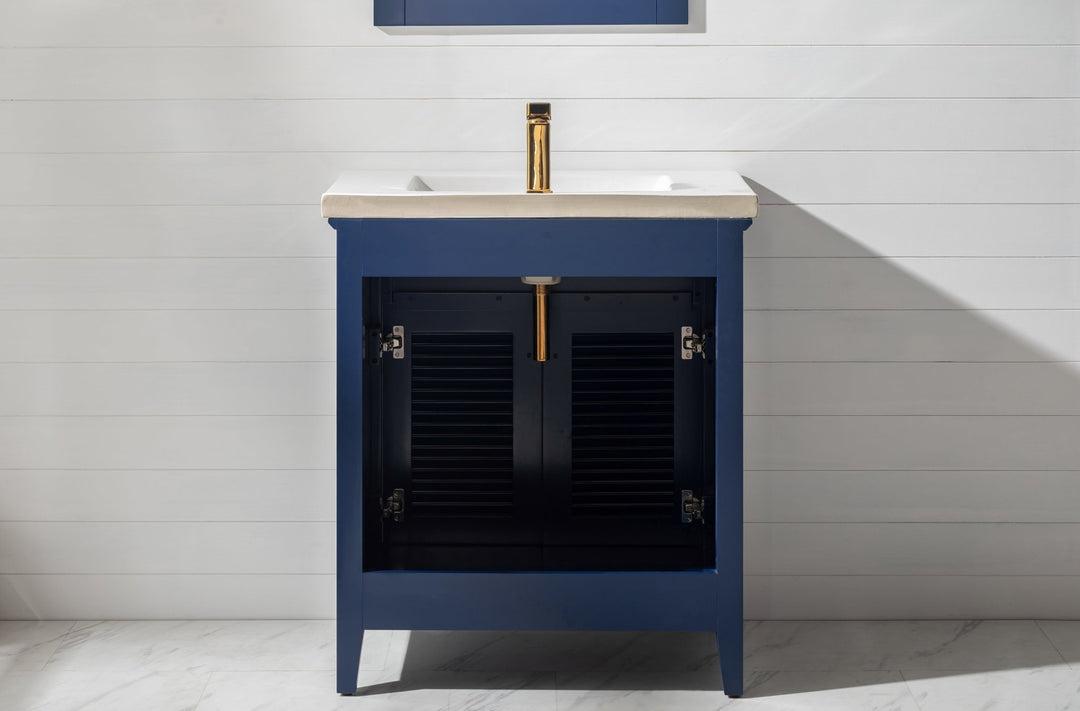 Cameron 30" Single Sink Vanity with Porcelain Top - Design Element Bath Kitchen - Bathroom Vanity - Navy with Satin Gold Hardware