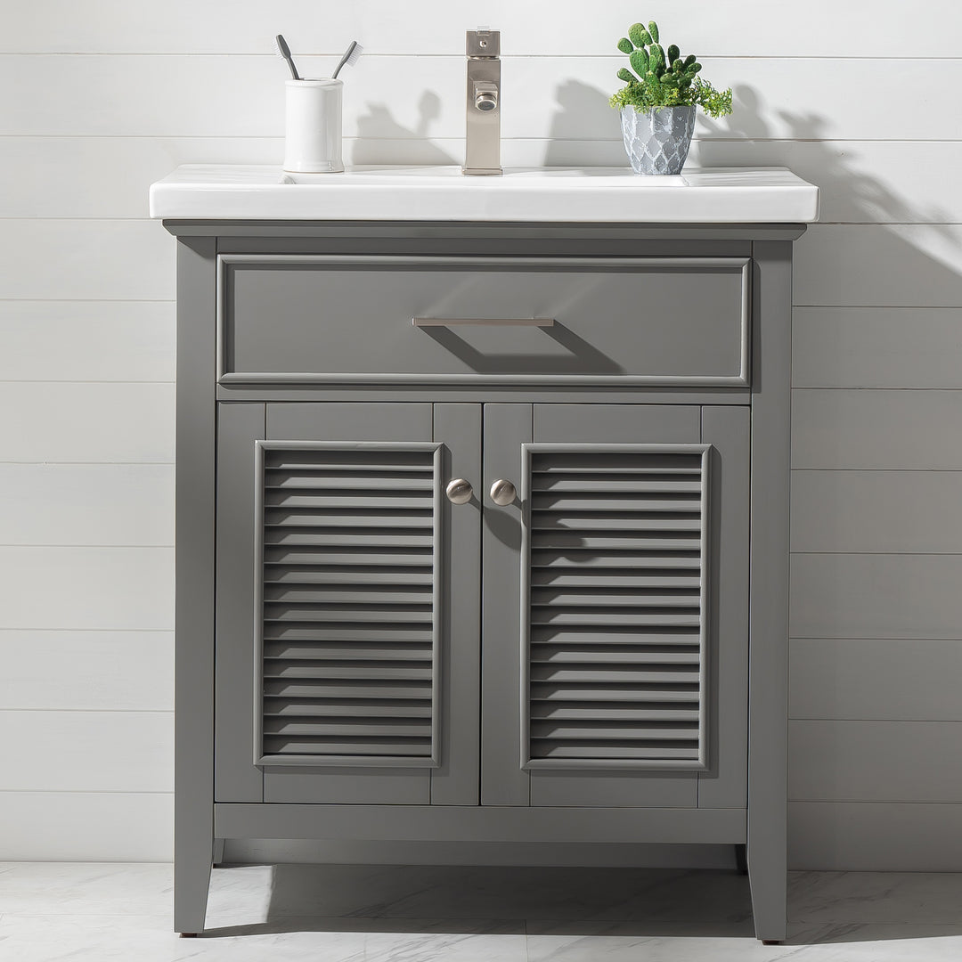Cameron 30" Single Sink Vanity with Porcelain Top - Design Element Bath Kitchen - Bathroom Vanity - Navy with Satin Gold Hardware