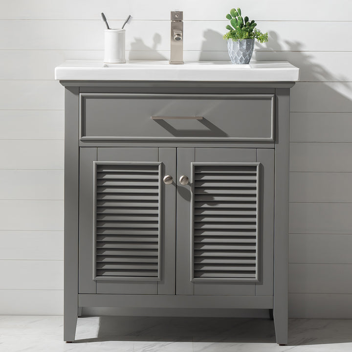 Cameron 30" Single Sink Vanity with Porcelain Top - Design Element Bath Kitchen - Bathroom Vanity - Navy with Satin Gold Hardware