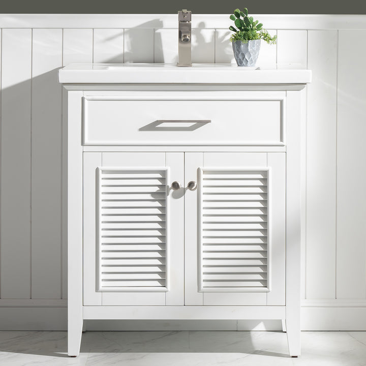 Cameron 30" Single Sink Vanity with Porcelain Top - Design Element Bath Kitchen - Bathroom Vanity - Navy with Satin Gold Hardware