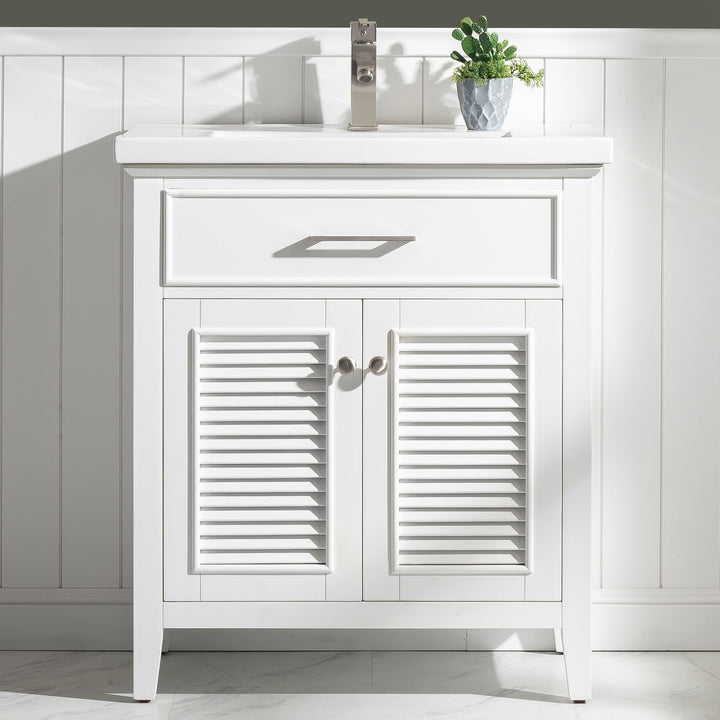 Cameron 30" Single Sink Vanity with Porcelain Top - Design Element Bath Kitchen - Bathroom Vanity - White with Silver Satin Hardware