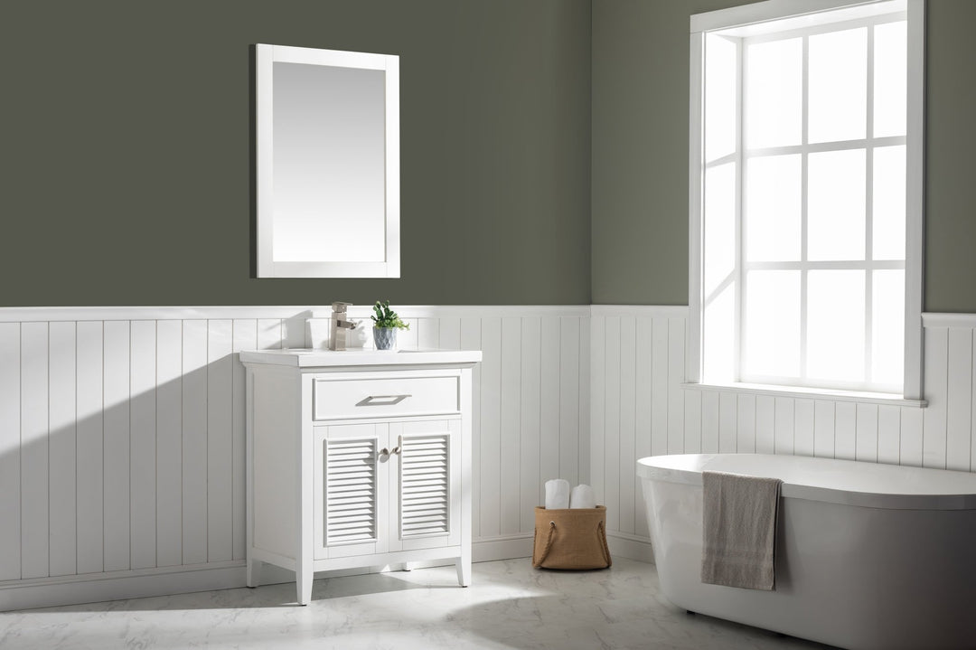 Cameron 30" Single Sink Vanity with Porcelain Top - Design Element Bath Kitchen - Bathroom Vanity - Navy with Satin Gold Hardware