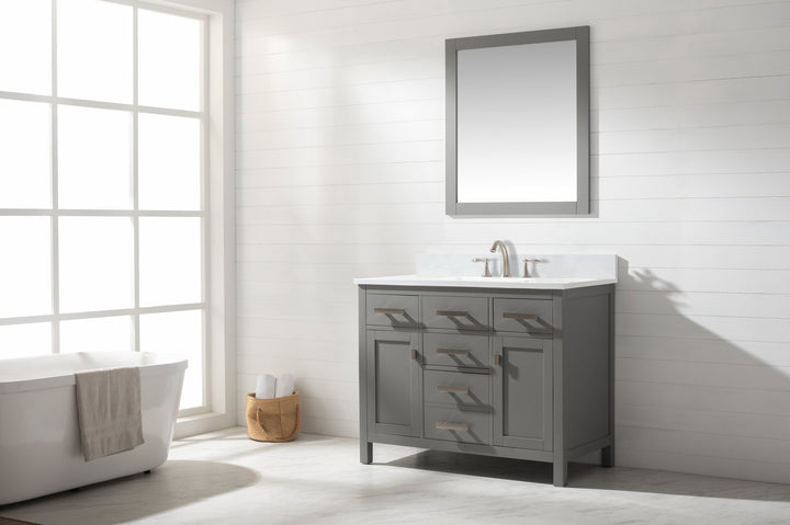 Valentino 42" Single Sink Vanity with White Quartz Top - Design Element Bath Kitchen - Bathroom Vanity - Navy with Satin Gold Hardware