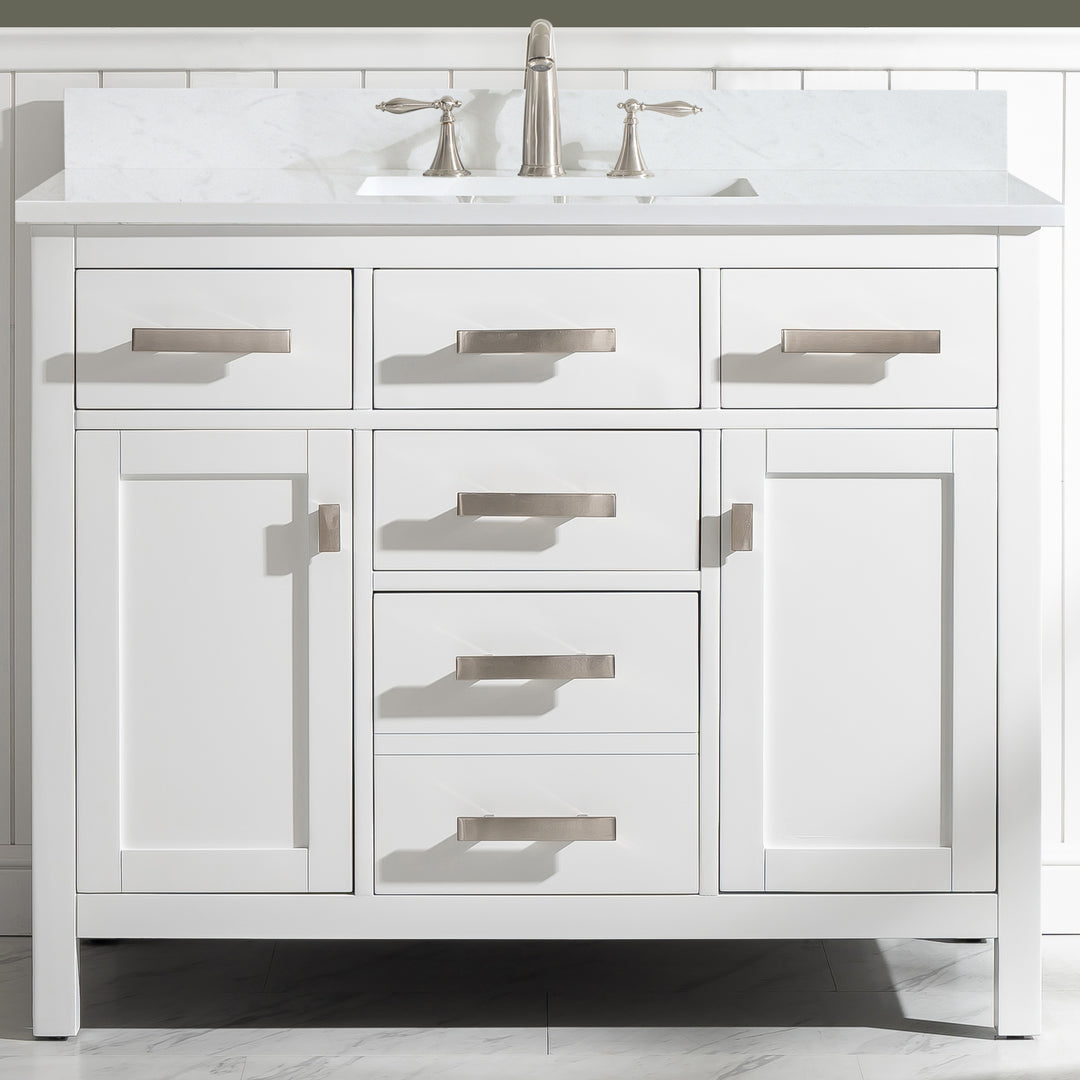 Valentino 42" Single Sink Vanity with White Quartz Top - Design Element Bath Kitchen - Bathroom Vanity - Navy with Satin Gold Hardware