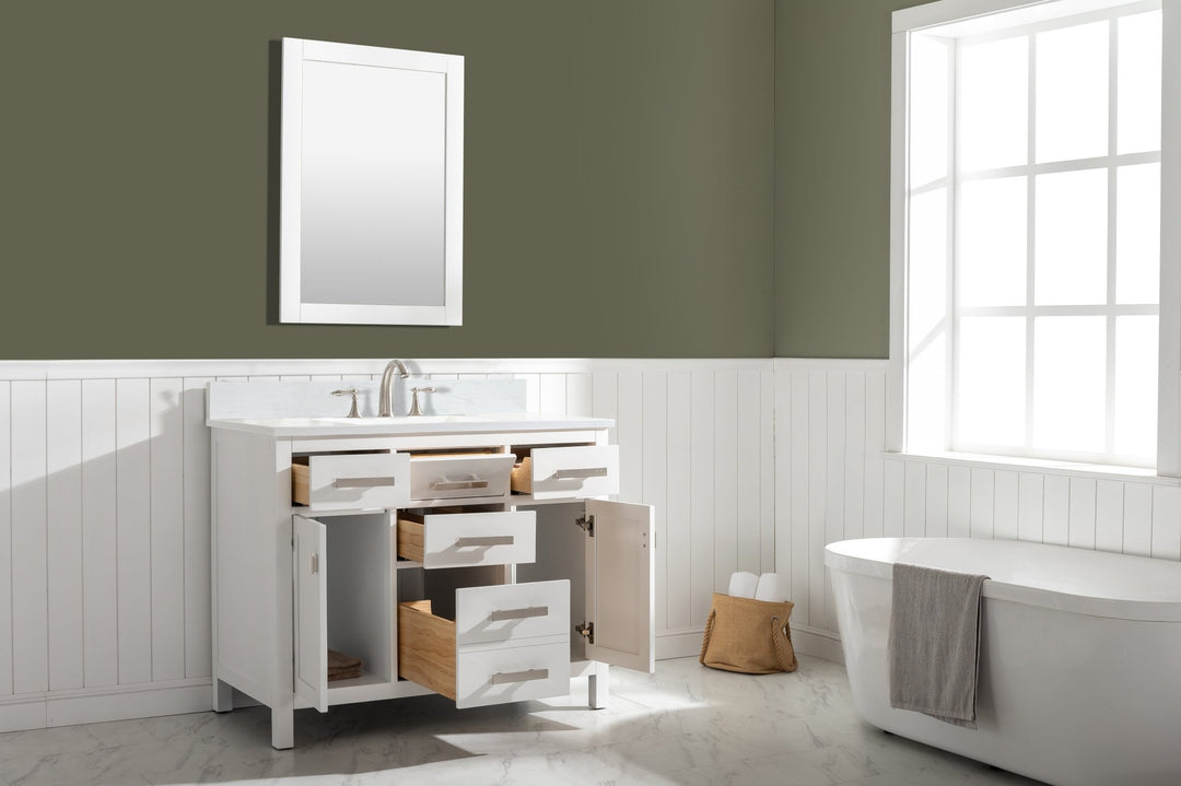 Valentino 42" Single Sink Vanity with White Quartz Top - Design Element Bath Kitchen - Bathroom Vanity - Navy with Satin Gold Hardware