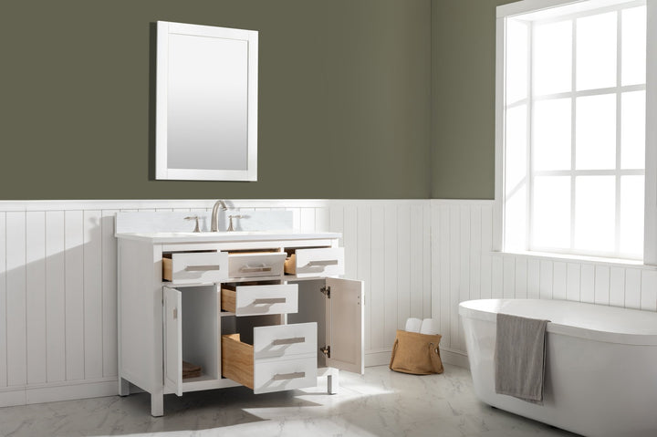Valentino 42" Single Sink Vanity with White Quartz Top - Design Element Bath Kitchen - Bathroom Vanity - Navy with Satin Gold Hardware