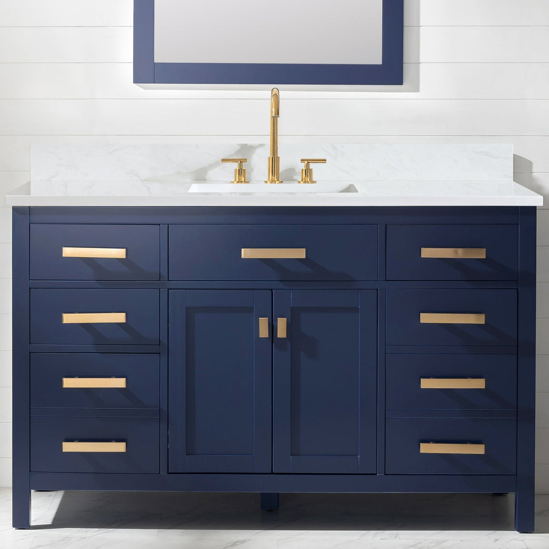 Valentino 54" Single Sink Vanity with White Quartz Top - Design Element Bath Kitchen - Bathroom Vanity - Navy with Satin Gold Hardware