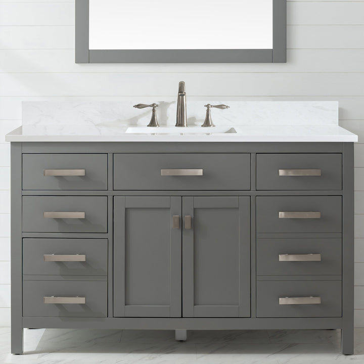 Valentino 54" Single Sink Vanity with White Quartz Top - Design Element Bath Kitchen - Bathroom Vanity - Gray with Silver Satin Hardware
