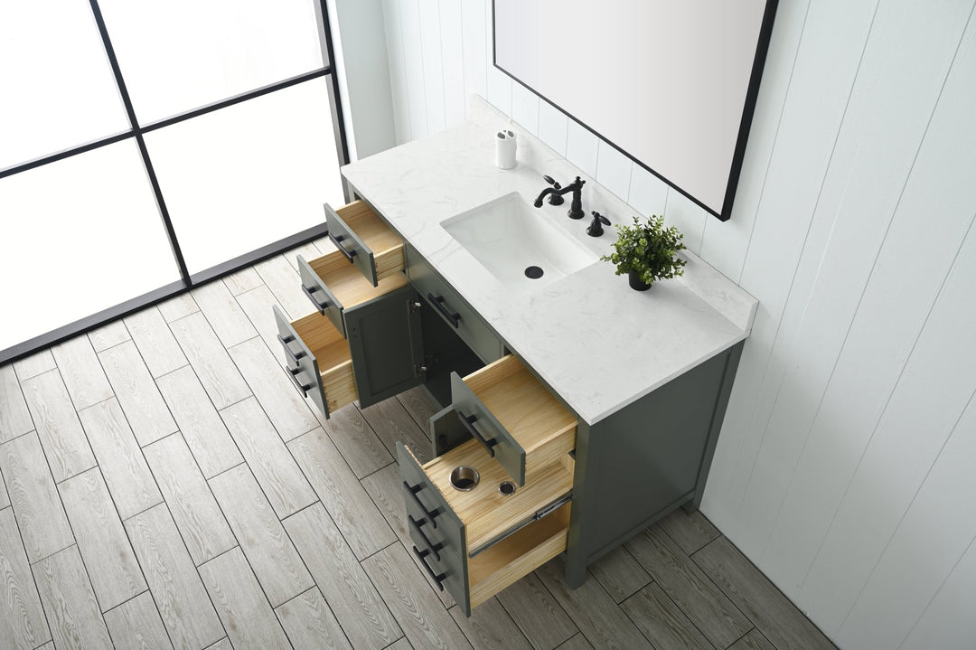 Valentino 54" Single Sink Vanity with White Quartz Top - Design Element Bath Kitchen - Bathroom Vanity - Verdant Green with Matte Black Hardware