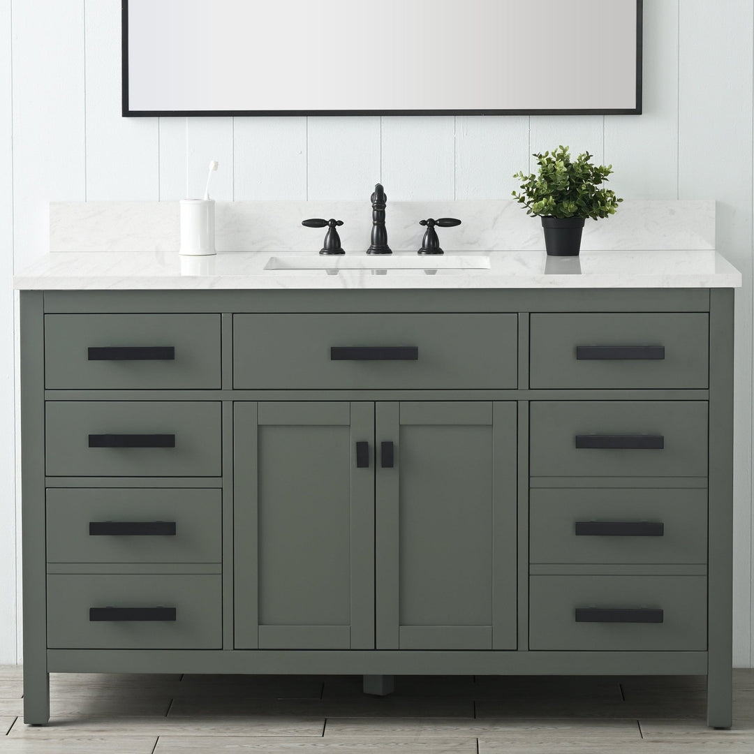 Valentino 54" Single Sink Vanity with White Quartz Top - Design Element Bath Kitchen - Bathroom Vanity - Verdant Green with Matte Black Hardware