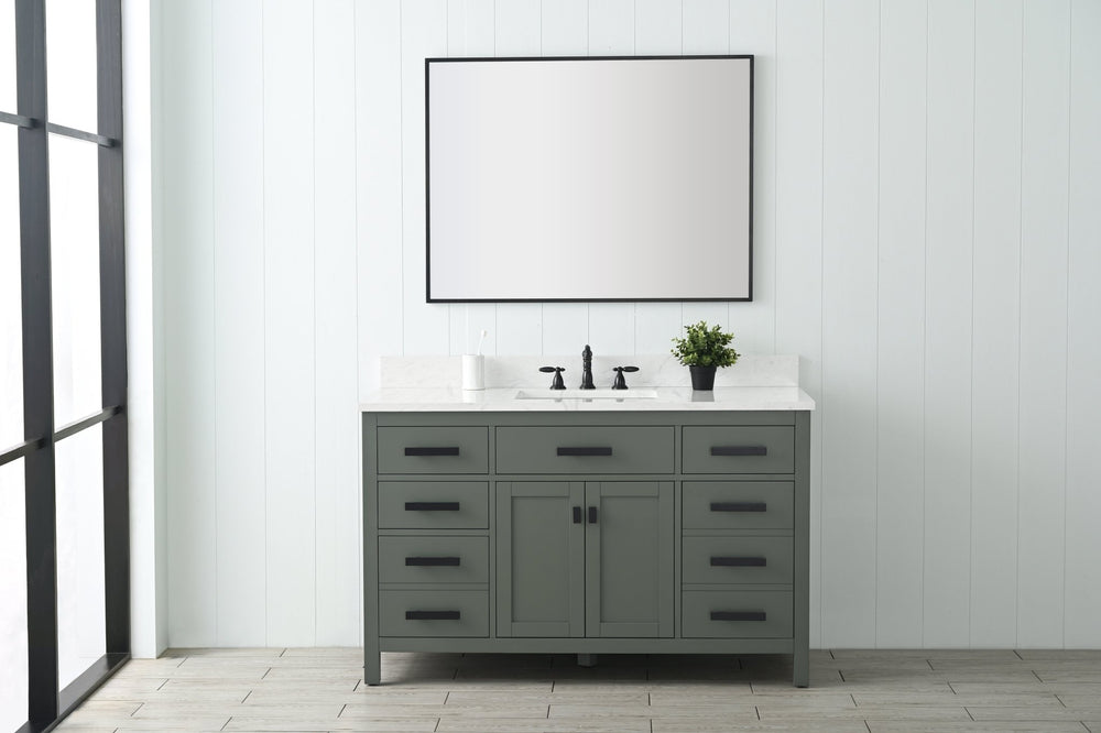 Valentino 54" Single Sink Vanity with White Quartz Top - Design Element Bath Kitchen - Bathroom Vanity - Verdant Green with Matte Black Hardware
