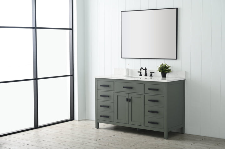 Valentino 54" Single Sink Vanity with White Quartz Top - Design Element Bath Kitchen - Bathroom Vanity - Verdant Green with Matte Black Hardware