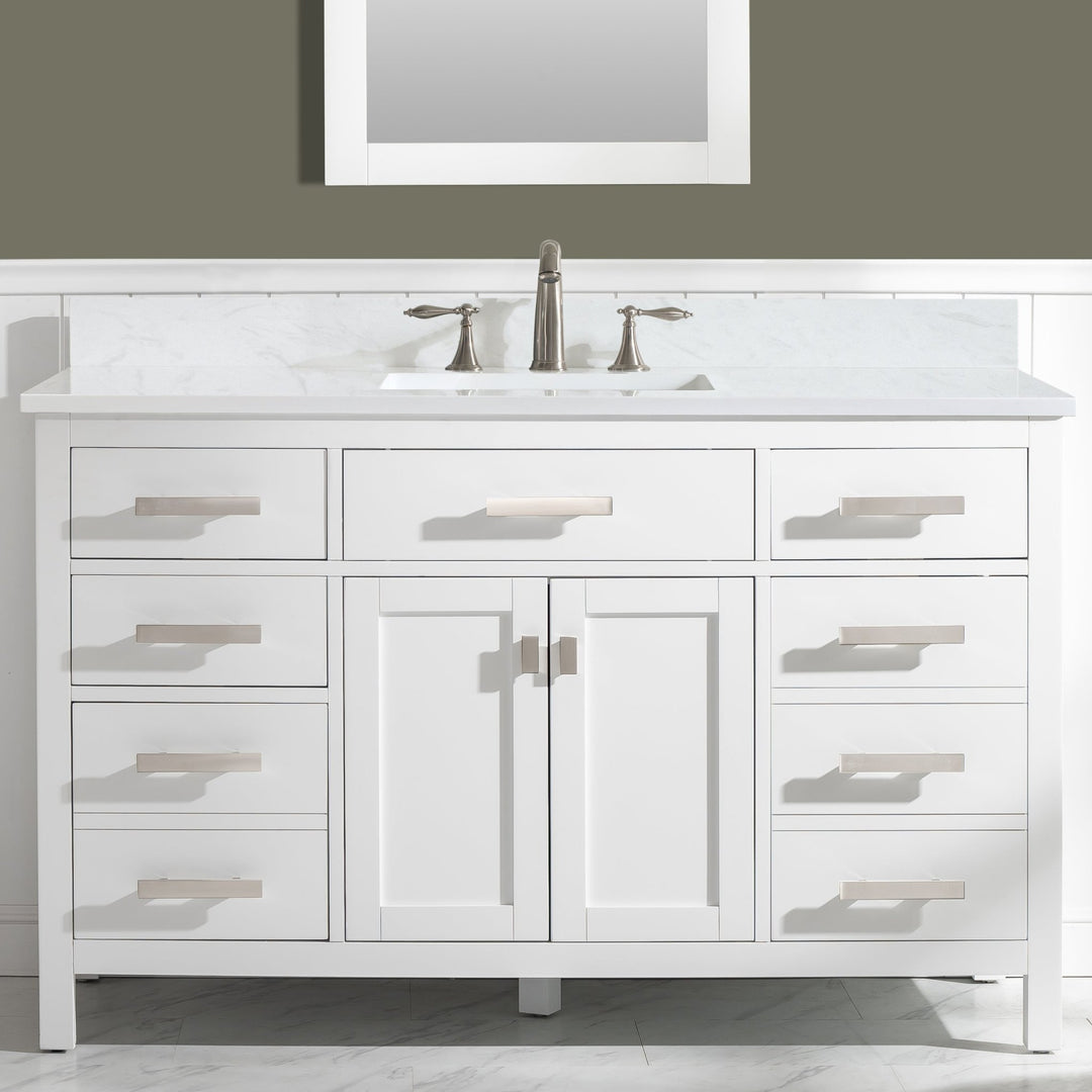 Valentino 54" Single Sink Vanity with White Quartz Top - Design Element Bath Kitchen - Bathroom Vanity - White with Silver Satin Hardware
