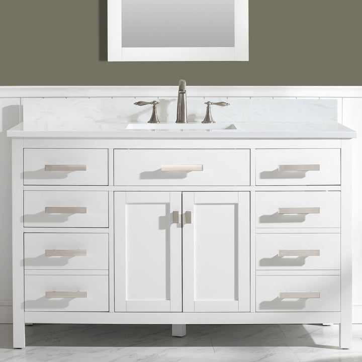 Valentino 54" Single Sink Vanity with White Quartz Top - Design Element Bath Kitchen - Bathroom Vanity - White with Silver Satin Hardware