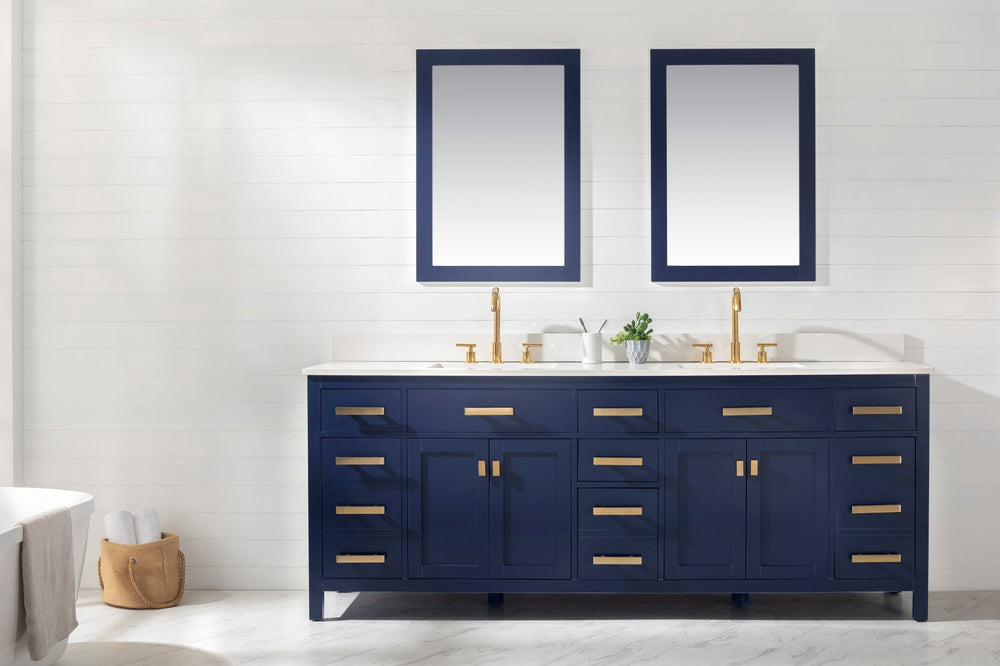 Valentino 84" Double Sink Vanity with White Quartz Top - Design Element Bath Kitchen - Bathroom Vanity - Navy with Satin Gold Hardware