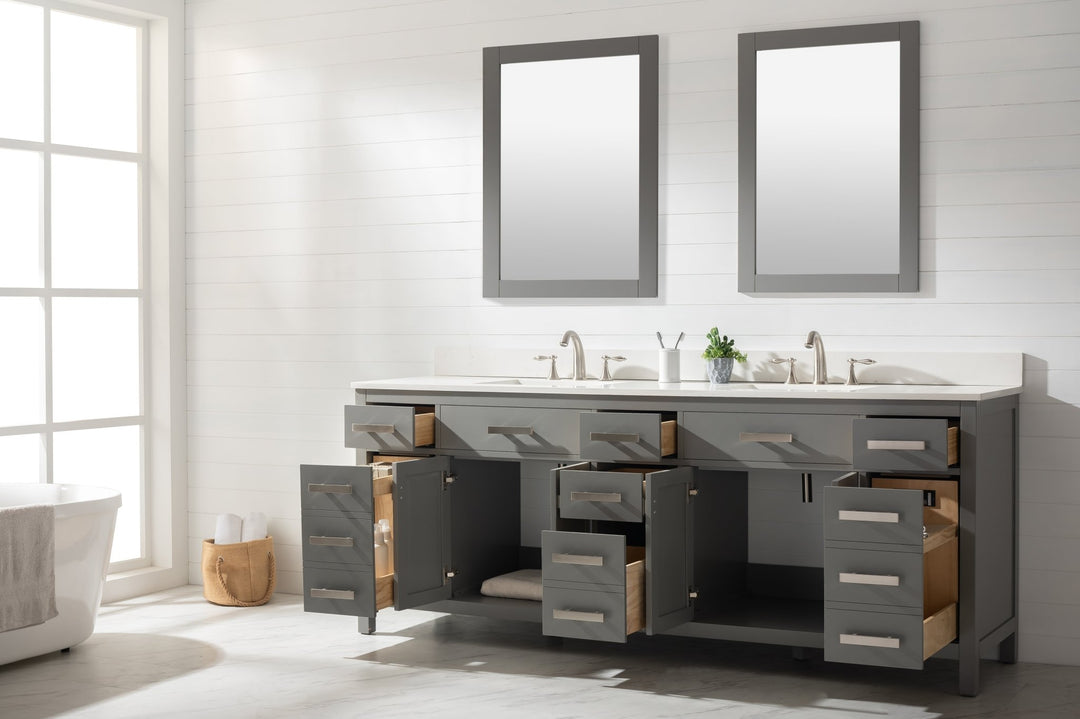 Valentino 84" Double Sink Vanity with White Quartz Top - Design Element Bath Kitchen - Bathroom Vanity - Navy with Satin Gold Hardware