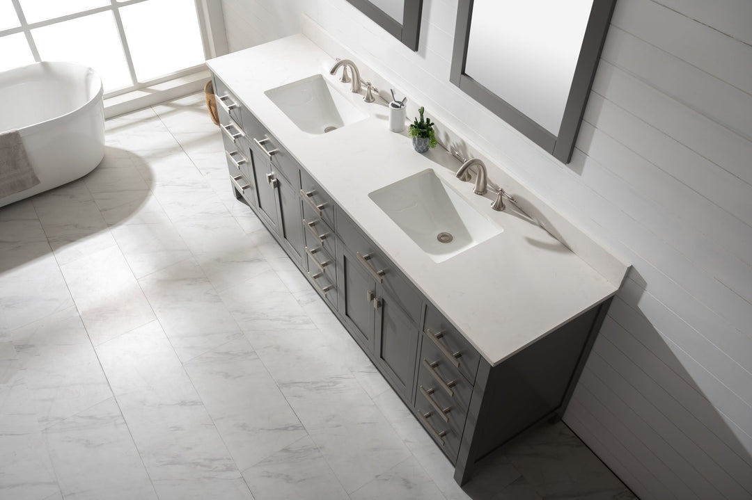 Valentino 84" Double Sink Vanity with White Quartz Top - Design Element Bath Kitchen - Bathroom Vanity - Navy with Satin Gold Hardware