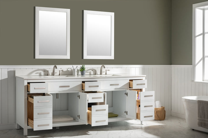 Valentino 84" Double Sink Vanity with White Quartz Top - Design Element Bath Kitchen - Bathroom Vanity - Navy with Satin Gold Hardware